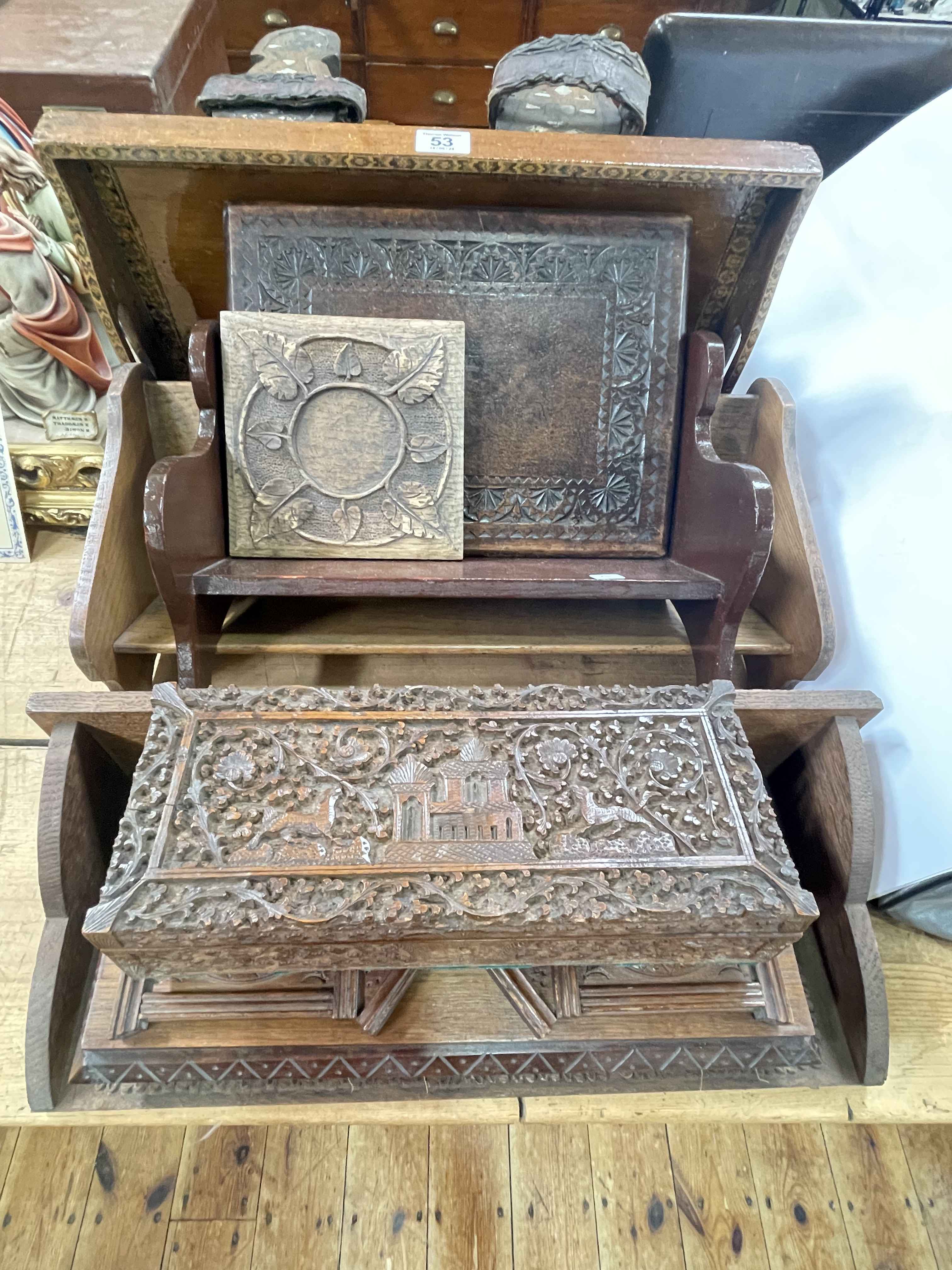 Pair of mother of pearl inlaid stilts, book trough, Tunbridge Ware tray, carved box,