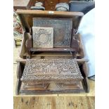 Pair of mother of pearl inlaid stilts, book trough, Tunbridge Ware tray, carved box,