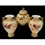 Pair large Royal Worcester vases with wild flower decoration and dragon handles, shape number 1554,