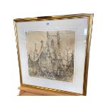 Gilt framed sketch of St Oswalds Church, Bishop Auckland depicting gala banners and tubas,