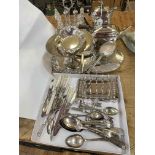 Assorted silver plate and cutlery including cruet, teapot and coffee pot, toast rack, etc.