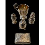 Silver pieces comprising: christening mug, cigarette case, and three pepperettes (5).