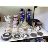 Pair of Flo Blue and gilt vases, New Chelsea coffee set, Wedgwood Black Jasperware, etc.