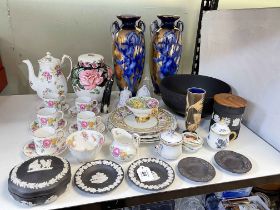 Pair of Flo Blue and gilt vases, New Chelsea coffee set, Wedgwood Black Jasperware, etc.