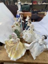 Nine Royal Doulton ladies, eight wooden stands and two other figures.