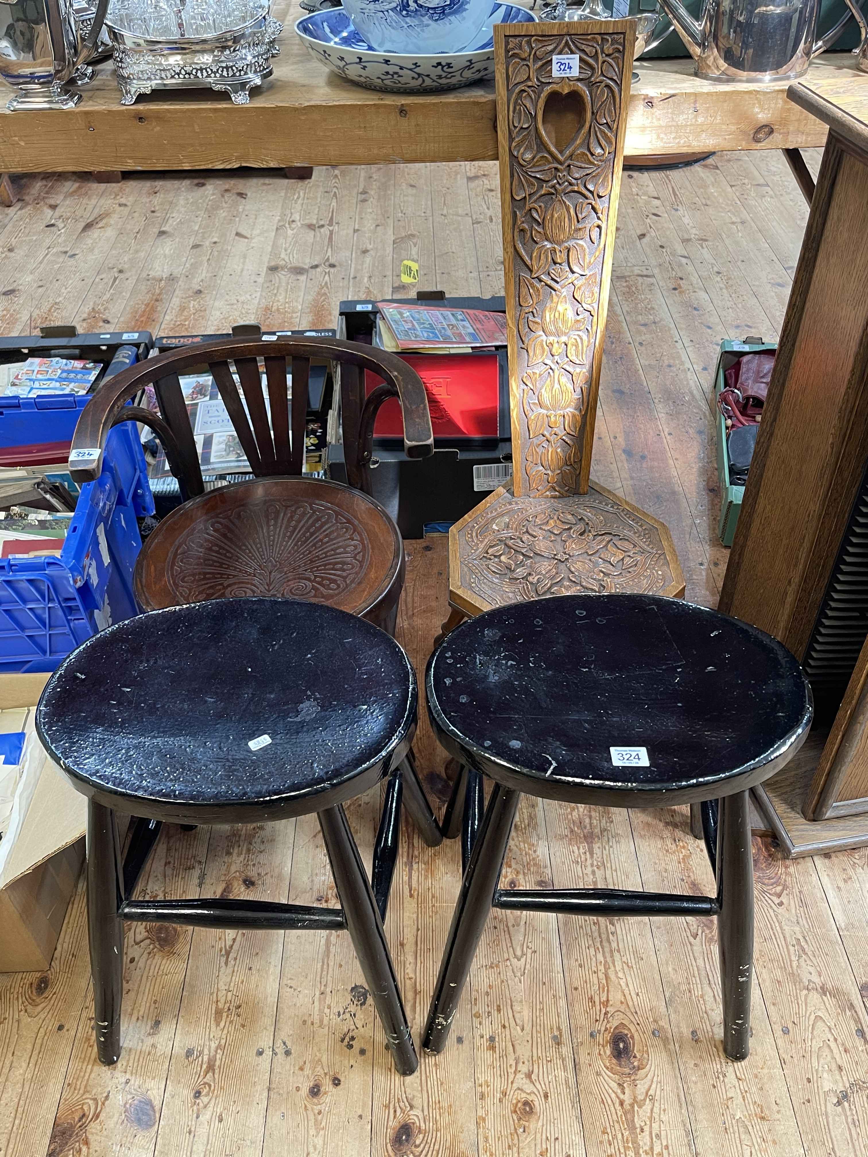 Carved oak sewing chair, child's Bentwood armchair and pair painted stools (4).