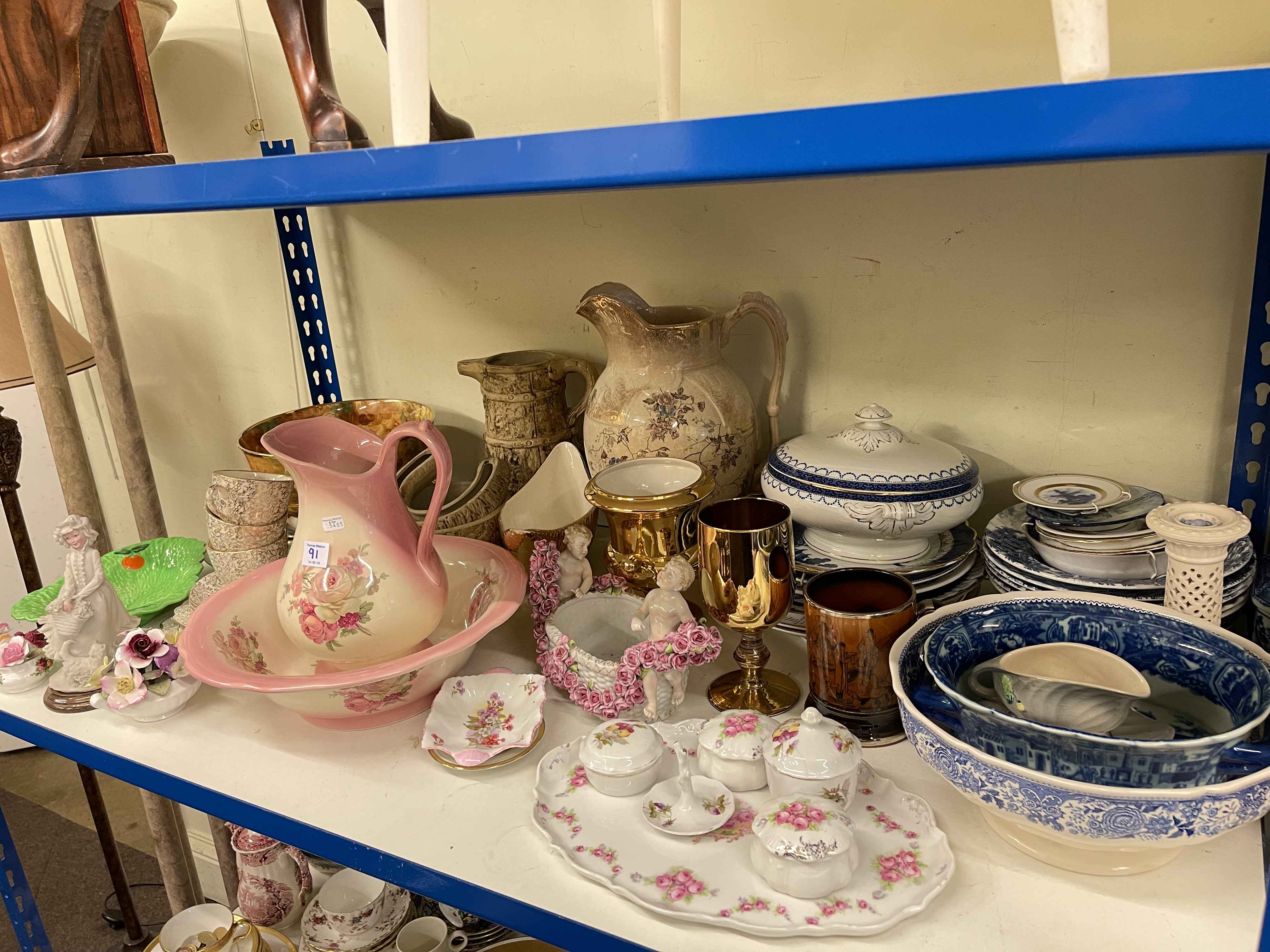 Full shelf of china including tea sets, dinnerware, toilet jugs, ornaments. - Image 5 of 5