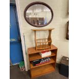 Teak three tier open bookcase, magazine table and oval framed wall mirror (3).