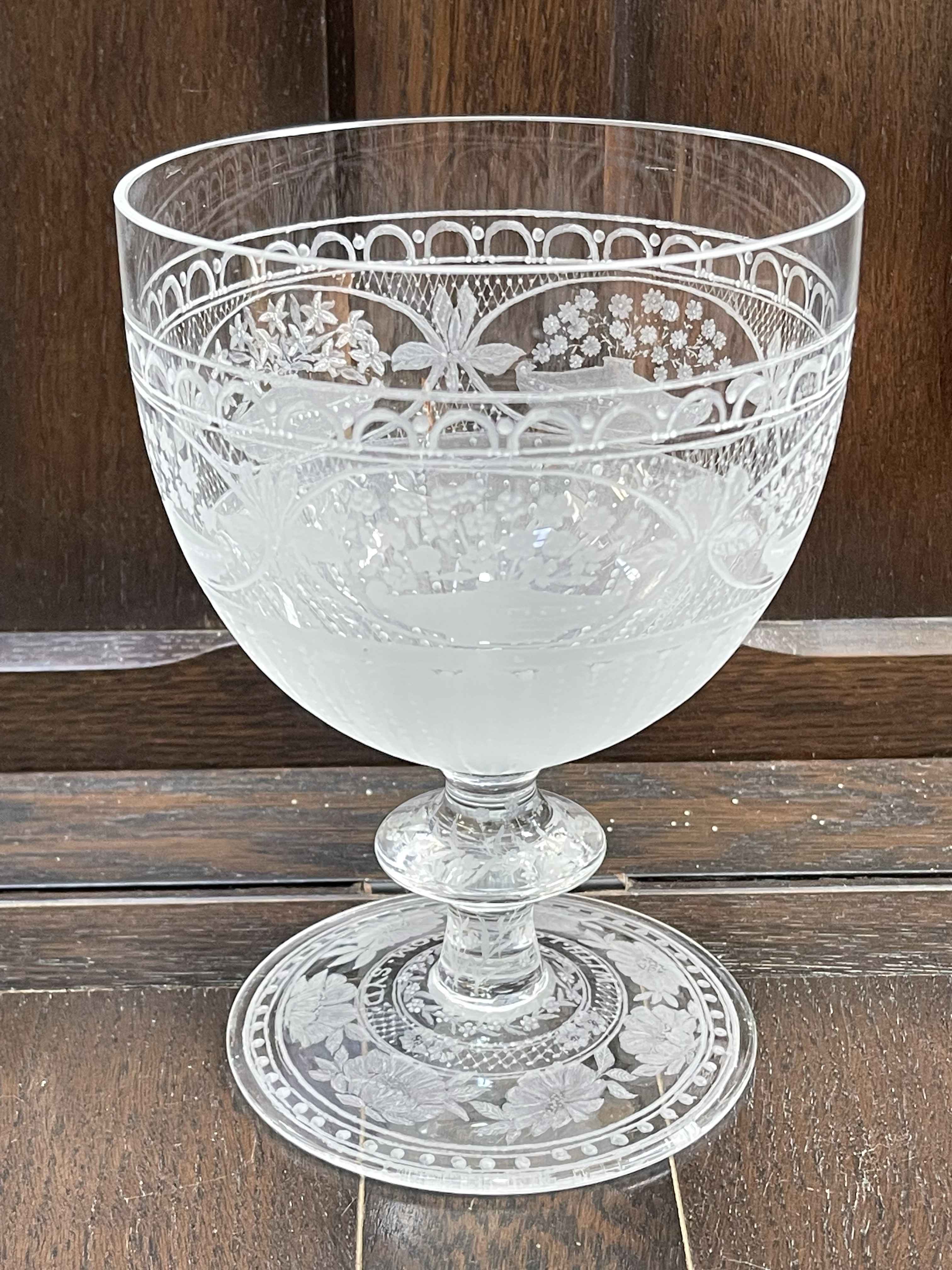 Large etched glass 'love' goblet, 18cm.