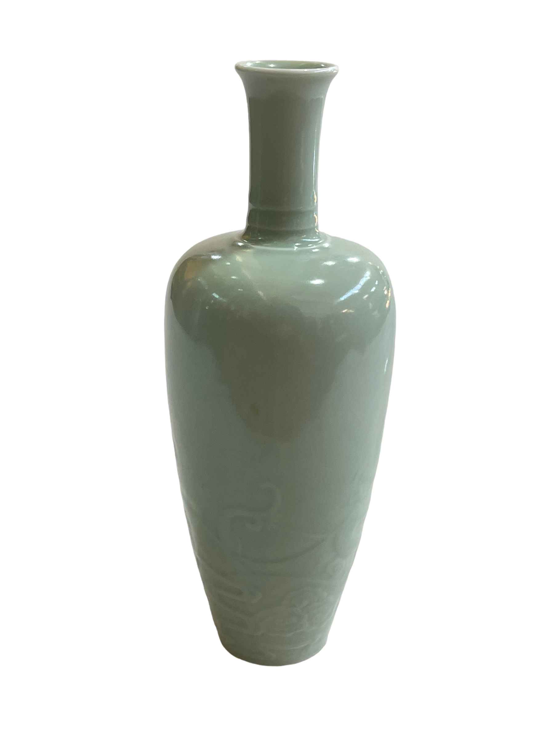 Chinese Celadon china vase with raised dragon decoration, six character Kangxi mark to base, 21cm.