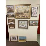 Pair gilt framed seascape oils, framed map and seven various pictures including oils.