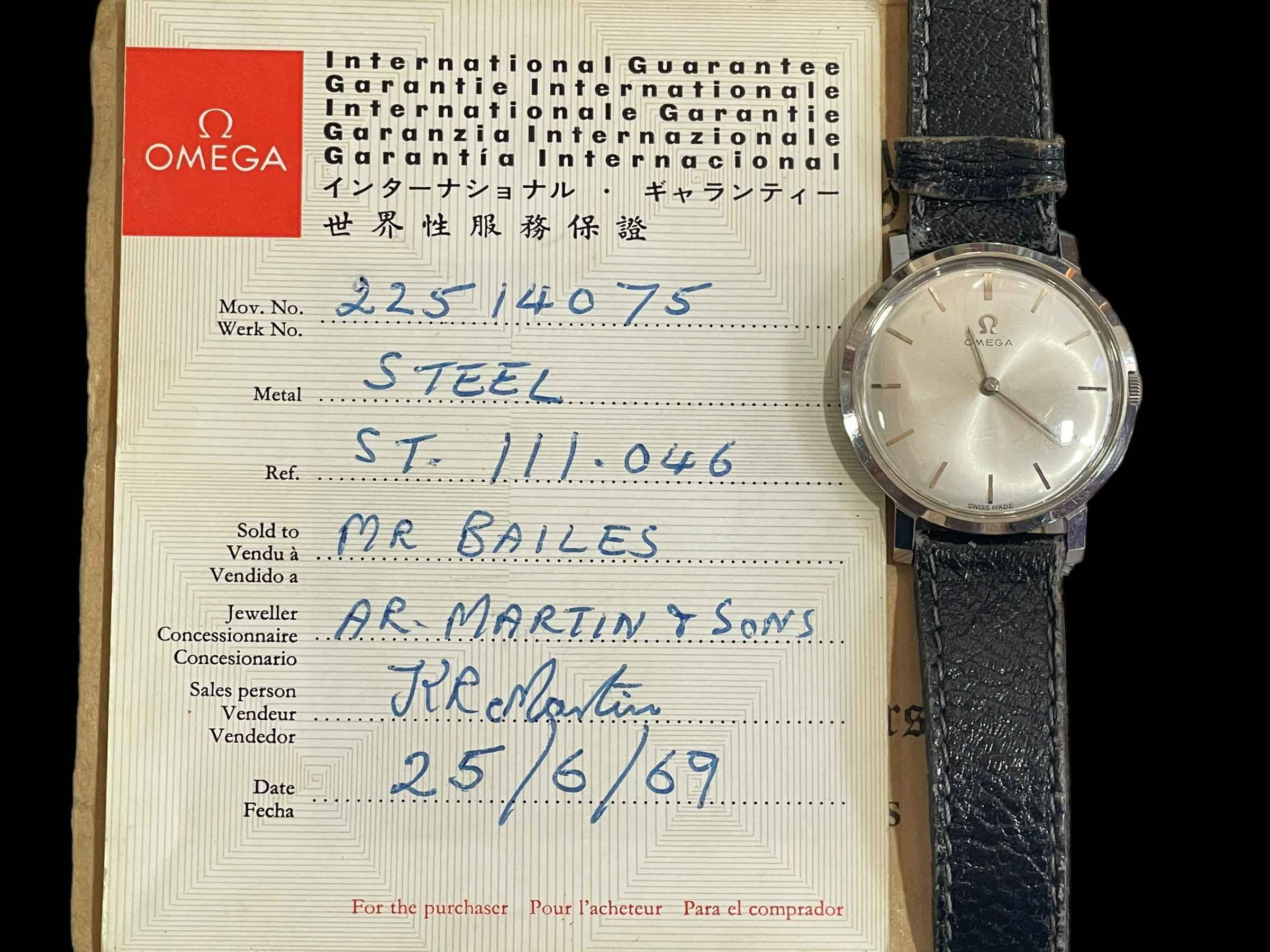 Omega gents steel wristwatch with guarantee dated 1969.