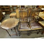 Set of four carved oak barley twist dining chairs, circular oak barley twist occasional table,