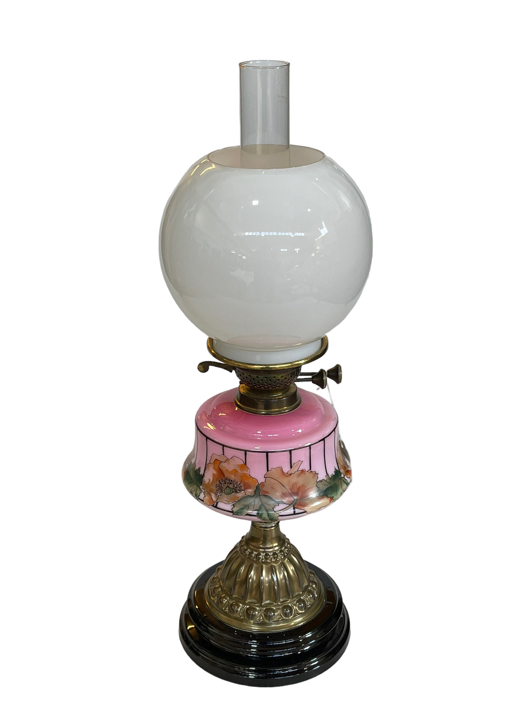 Victorian oil lamp with pink glass floral reservoir, 61cm.