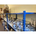 Full shelf of china including tea sets, dinnerware, toilet jugs, ornaments.