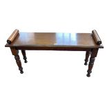 Late Victorian mahogany window seat on turned legs, 47cm by 89.5cm by 27cm.