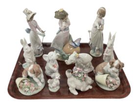 Three Lladro figures and eight animals including Land of the Giants, Garden Song,