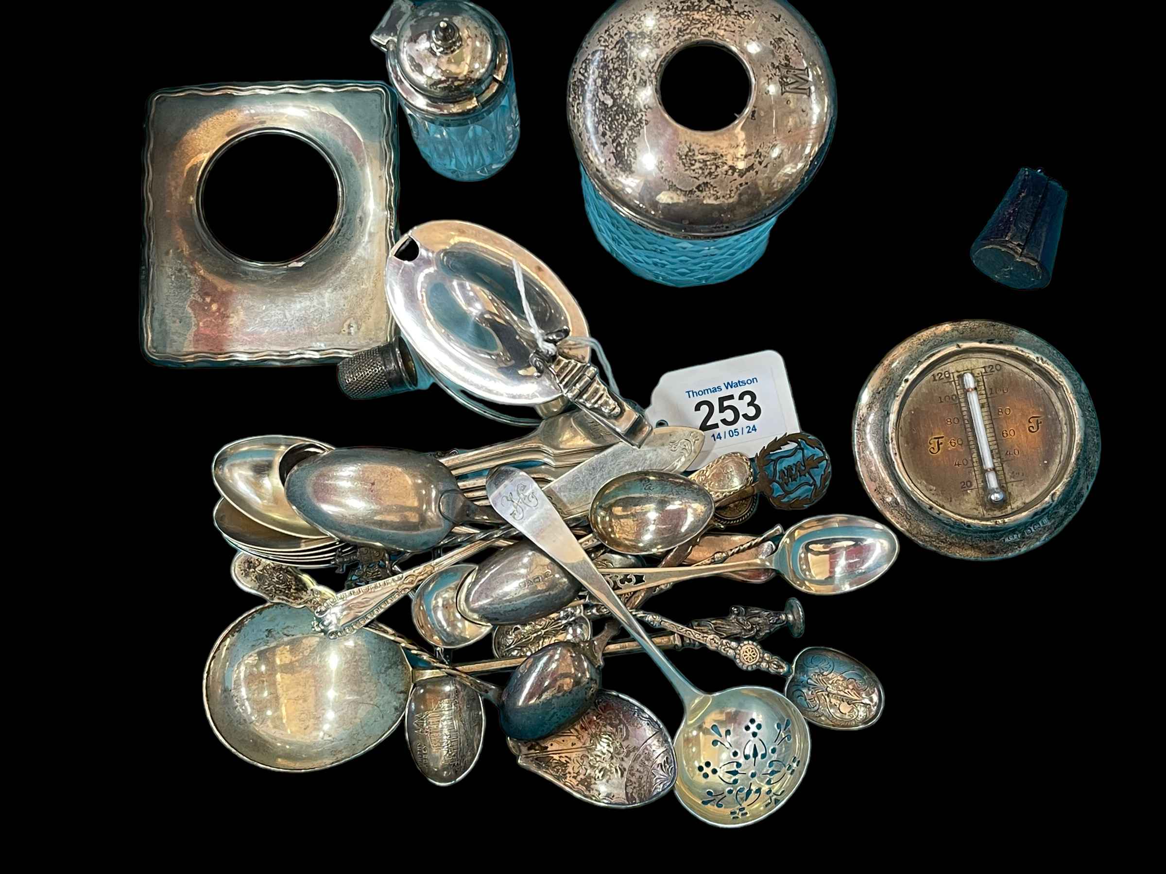 Box of silver pieces including mustard pot, hair tidy, spoons, etc.