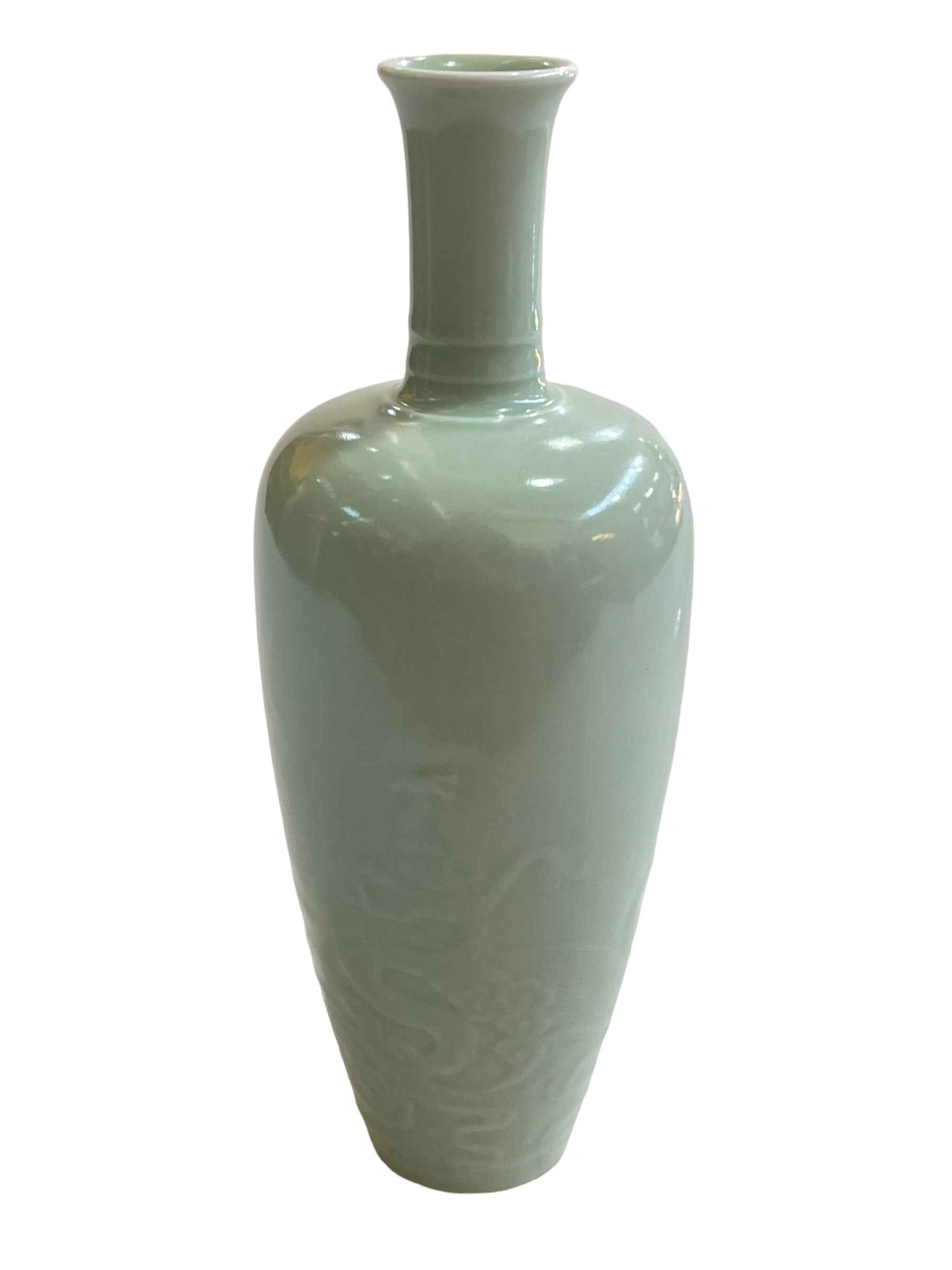 Chinese Celadon china vase with raised dragon decoration, six character Kangxi mark to base, 21cm. - Image 2 of 4
