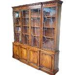 Bevan & Funnel Reprodux mahogany breakfront library cabinet bookcase having four astragal glazed