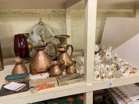 Five copper measuring jugs, three lamps, vintage razors, silver topped scent bottle,