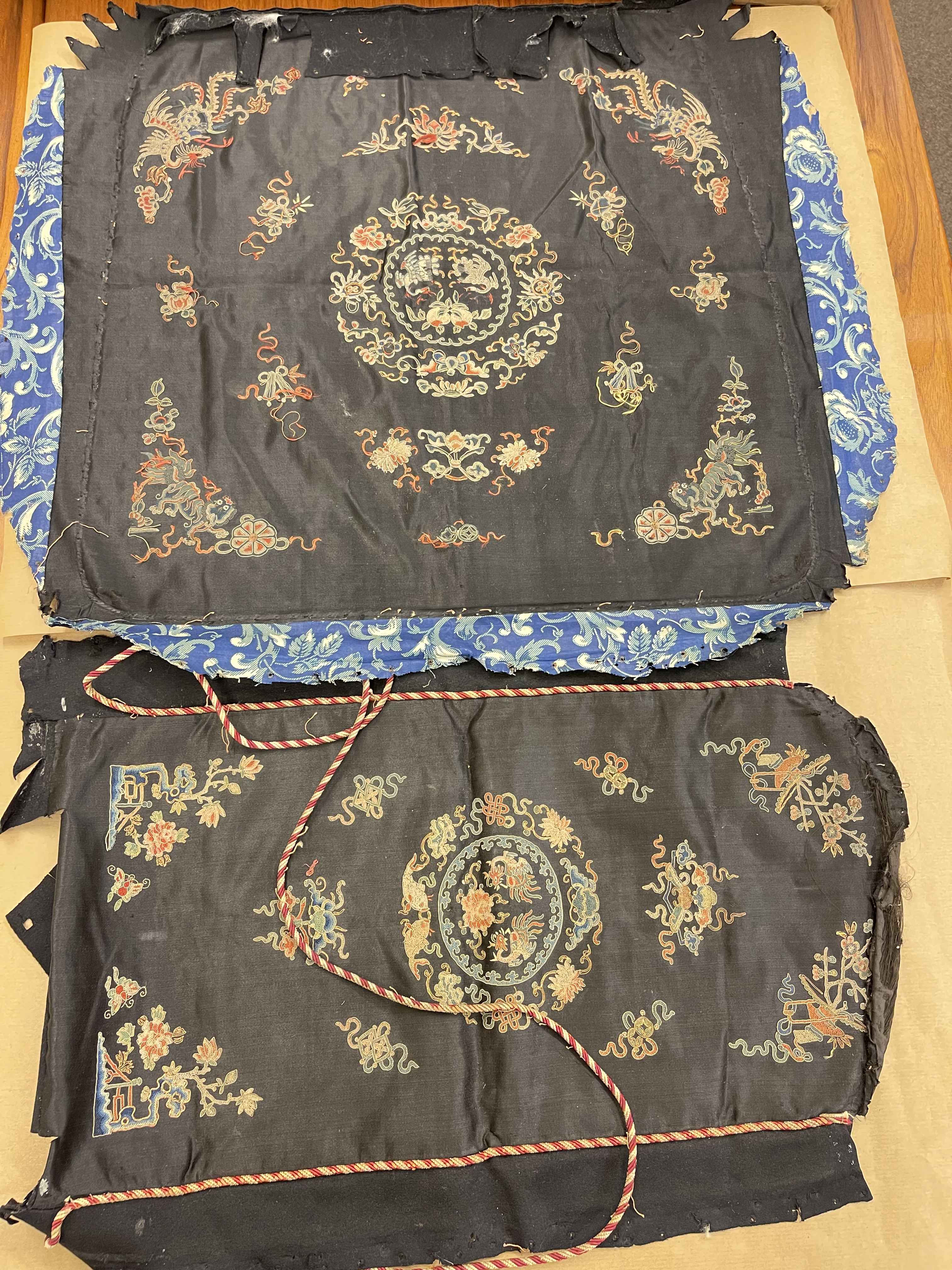 Two pieces of Chinese silk, two tapestry seat covers, etc.