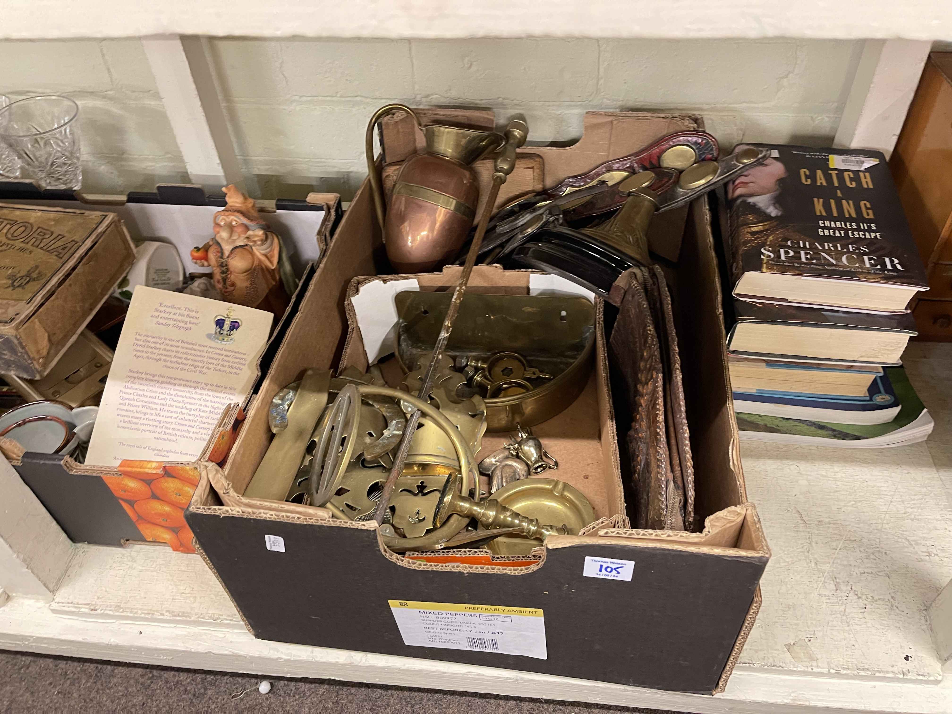 Brass jam pan and assorted brass, collectors cabinet, china, glass, collectors plates, etc. - Image 3 of 6