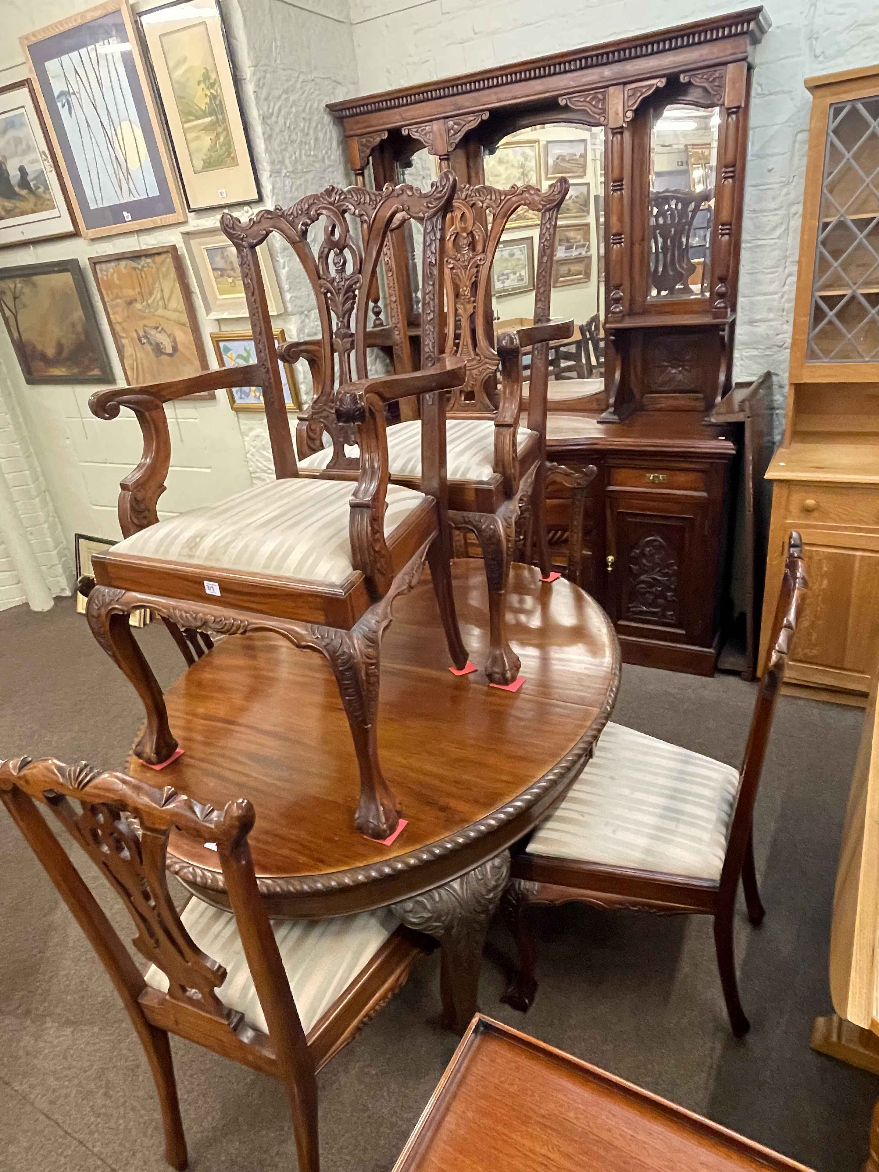 Victorian style eight piece dining suite comprising mirror backed sideboard,