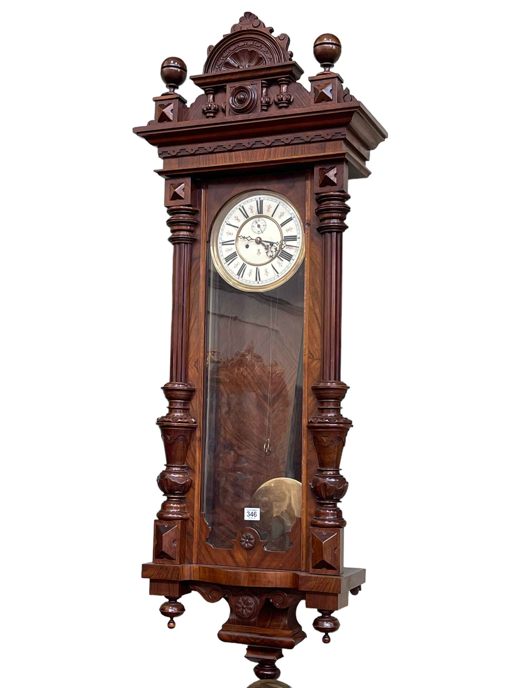Gustav Becker Victorian walnut cased double weight Vienna wall clock.