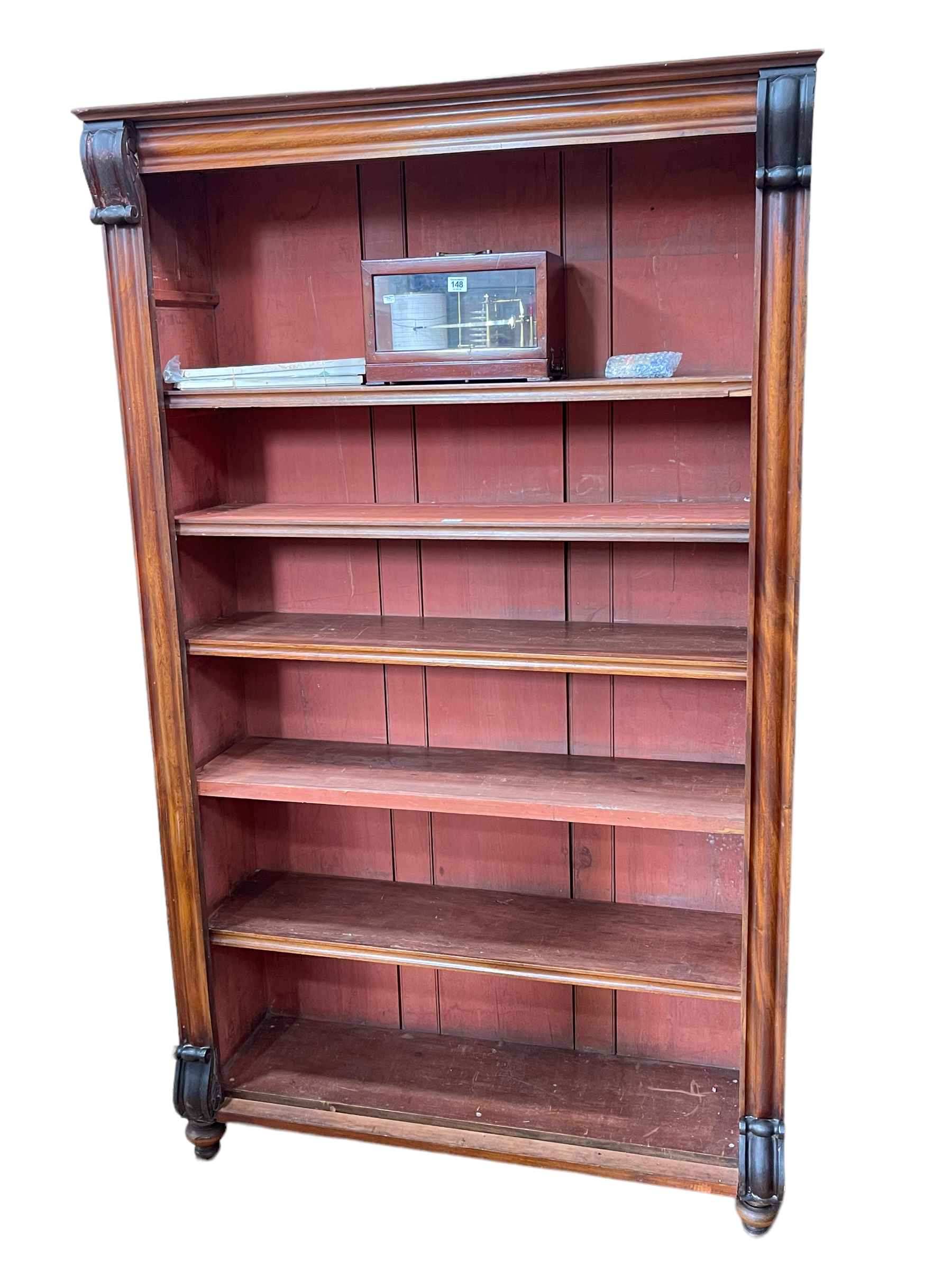 Victorian mahogany open bookcase on turned feet, 190cm by 114cm by 35cm.