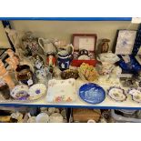 Assorted china including figures, jugs, Bing & Grondahl plate, Spode loving cup, glass animals,