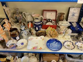 Assorted china including figures, jugs, Bing & Grondahl plate, Spode loving cup, glass animals,