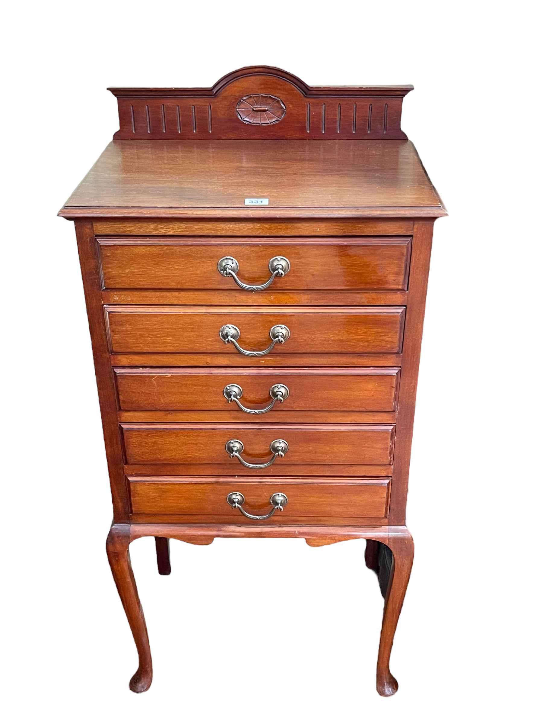 Edwardian mahogany six drawer music cabinet on cabriole legs, 106cm by 52cm by 36cm.