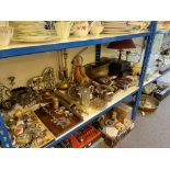 Collection of assorted glass and metalwares including brass and copper, Rolls Royce advert,