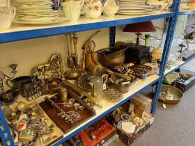 Collection of assorted glass and metalwares including brass and copper, Rolls Royce advert,
