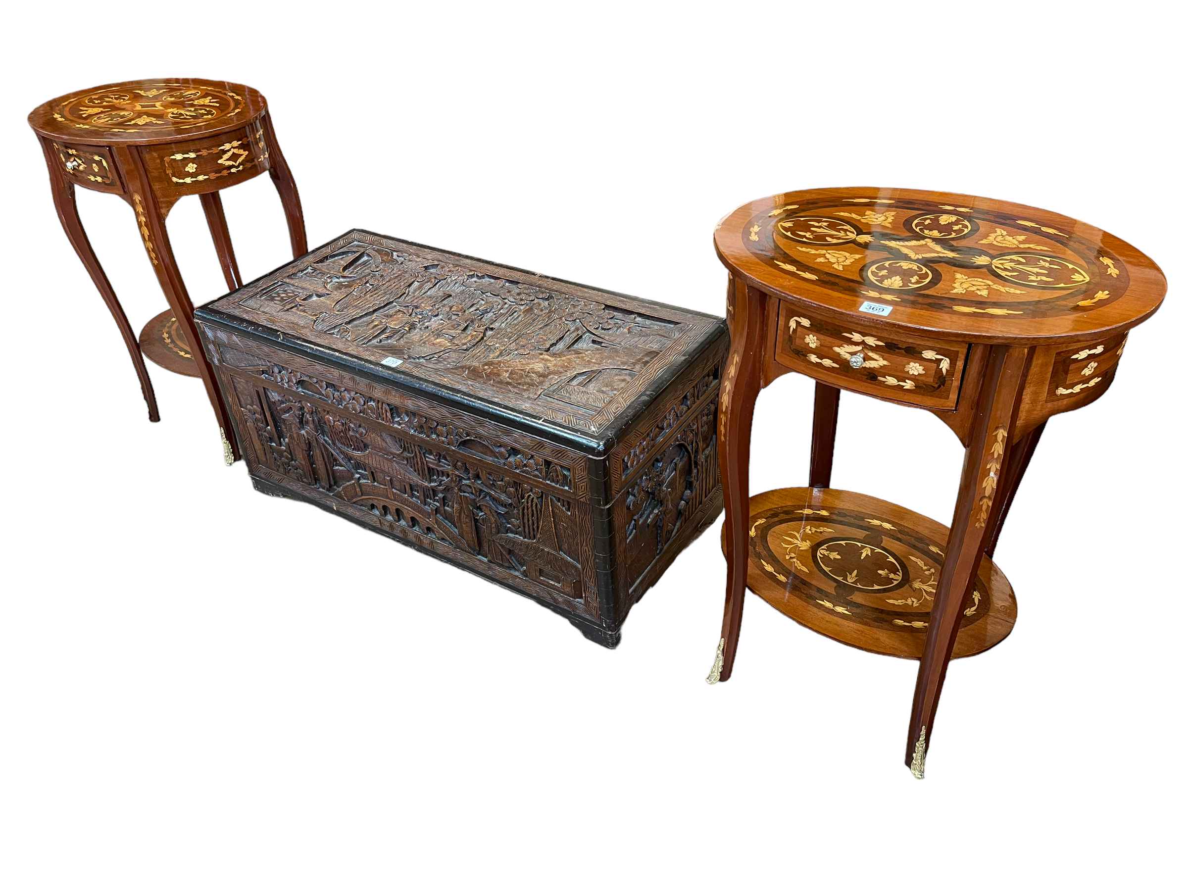 Pair Continental inlaid oval two tier single drawer lamp tables, 73cm by 54cm by 40cm.