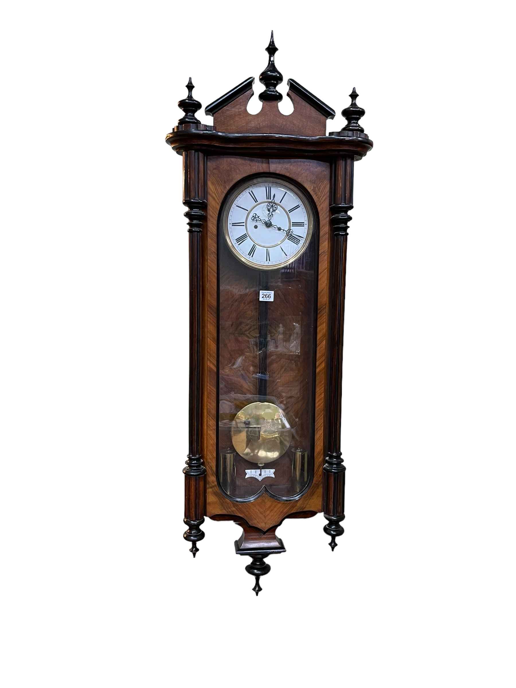 Victorian walnut and ebonised double weight Vienna wall clock.