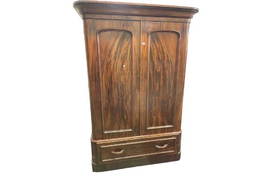 Victorian mahogany double door wardrobe with base drawer, 203cm by 140cm by 63cm.