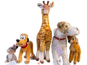 Five Steiff teddy/cuddly toys, Thumper, Pluto, Giraffe, Foxy and Bambi.