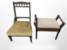 An Edwardian storage piano stool and an occasional chair