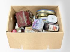 A box of vintage and later tins