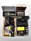 Two boxes of vintage and later cameras, digital cameras, JVC video camera,