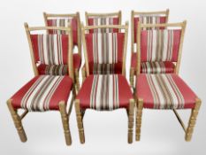 A set of six Danish blond oak dining chairs in striped upholstery