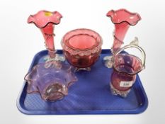 Five pieces of cranberry glass, pair of trumpet vases,