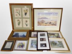 A box of pictures and prints including Ann Healy still life watercolour,