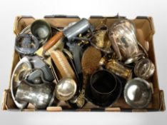 A box of metal wares, silver plated tea pot, pewter tankards,