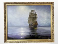 Twentieth century School : A Battleship in moonlit waters, oil on canvas,