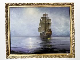 Twentieth century School : A Battleship in moonlit waters, oil on canvas,