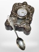 A silver mounted quartz mantel timepiece by R Carr, Sheffield marks,