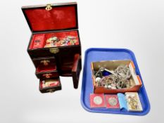A Japanese export lacquered jewellery cabinet and contents, costume jewellery, crowns,